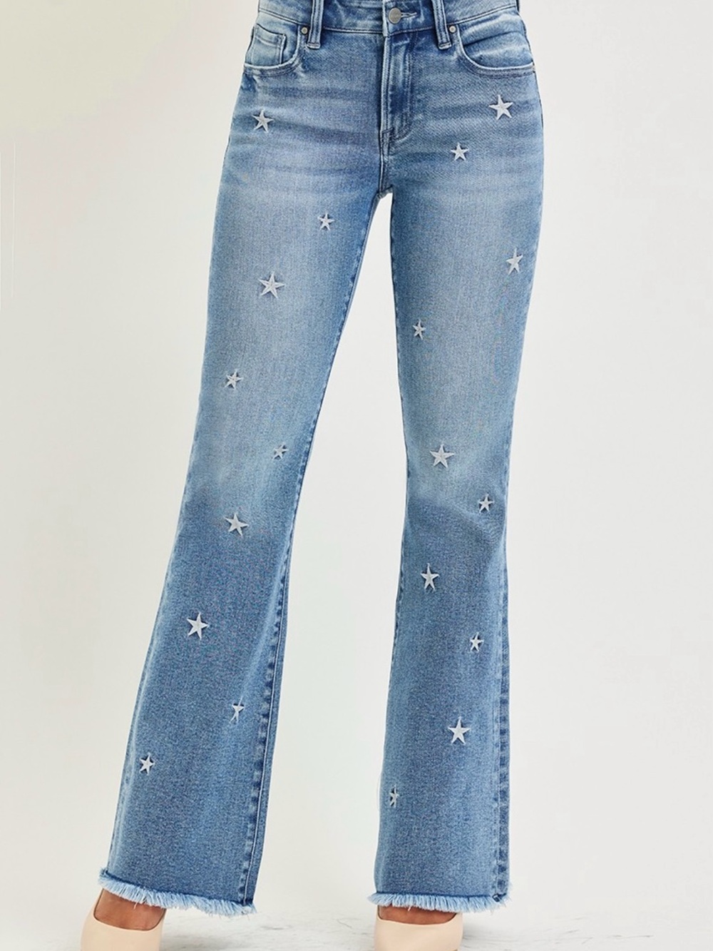 Light Blue Star Embroidered Wide Leg Jeans